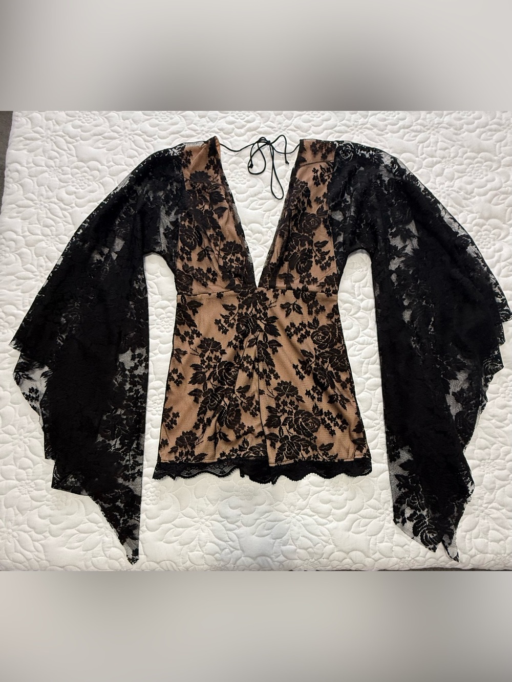 DO+BE Black Lace V-Neck Romper with Taupe Underlay